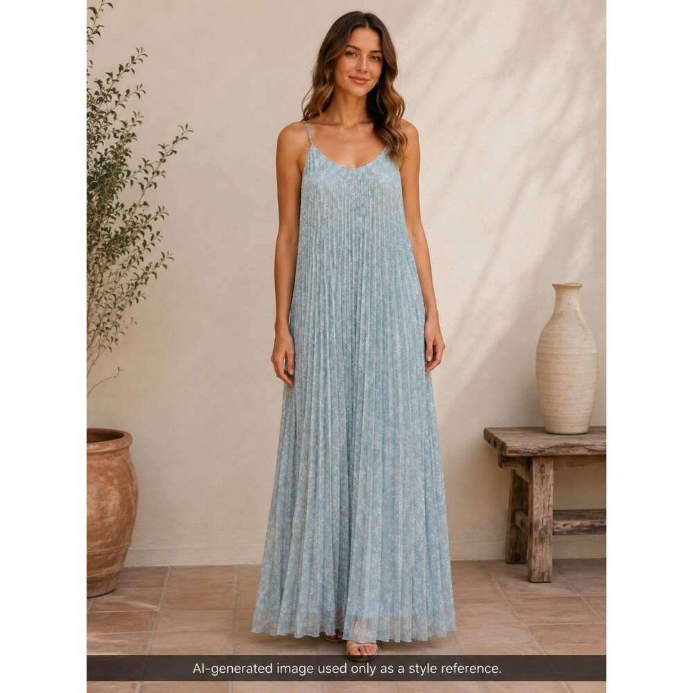 Polagram Blue Floral Mesh Pleated Maxi Long Dress Scoop Neck Lined Size S